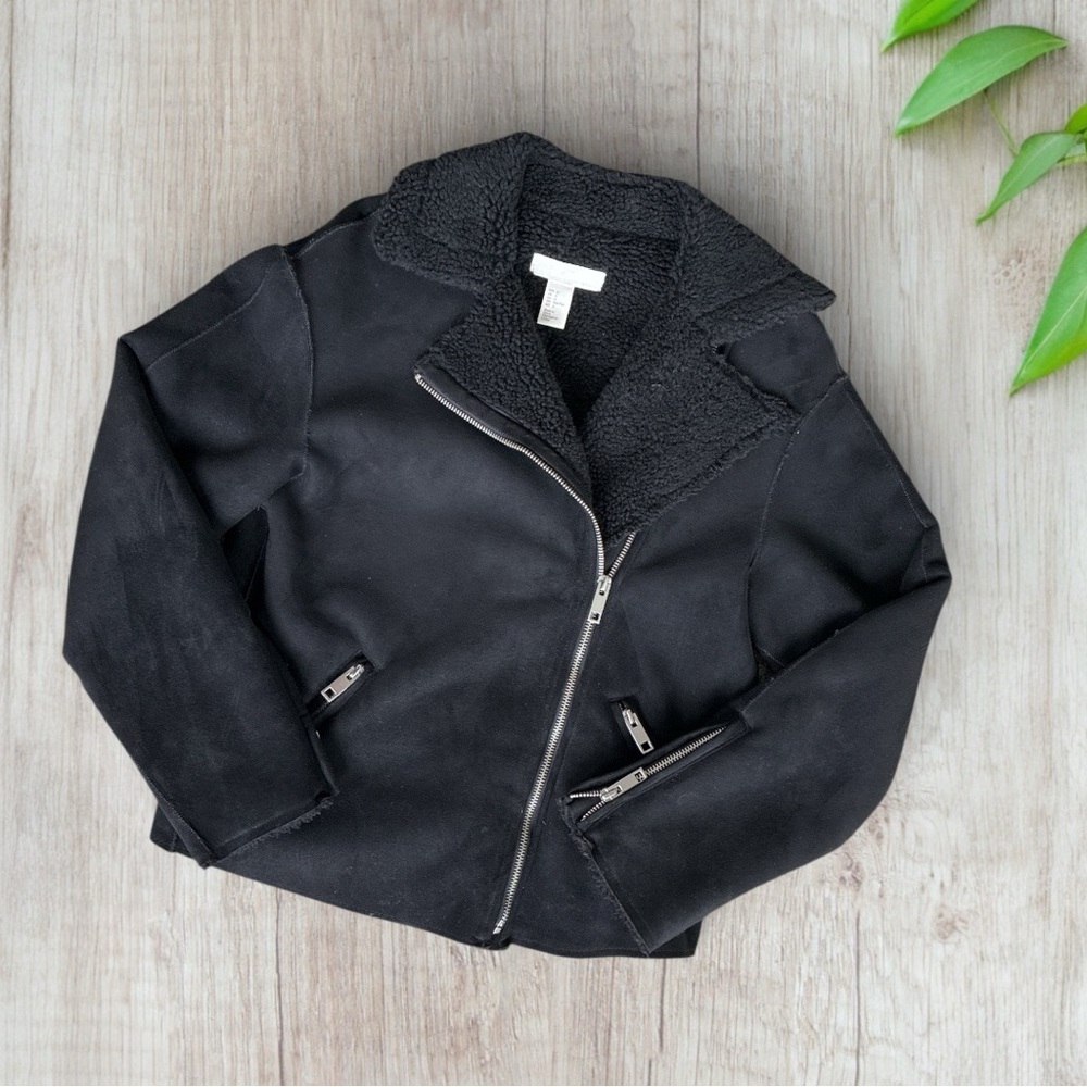 H&M Cropped Faux Fur Faux Suede Moto Biker Jacket